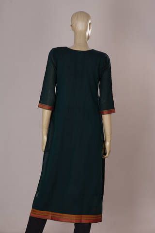 Round Neck Plain Bottle Green Cotton Long Kurta