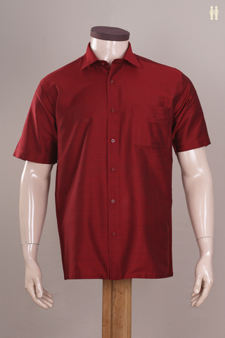 Regular Collar Plain Burgundy Red Raw Silk Shirt