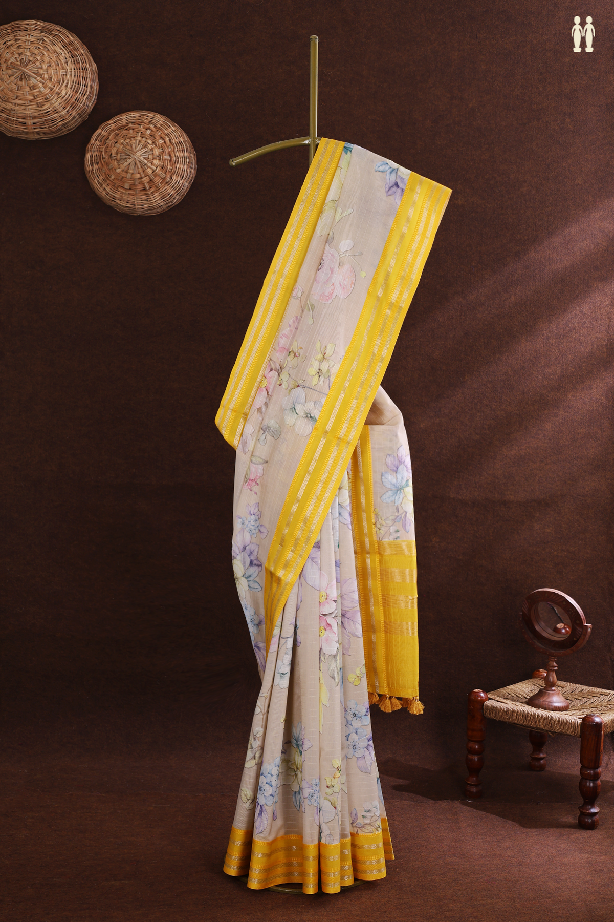 Chanderi Silk Cotton Saree In Cream Color With Floral Printed