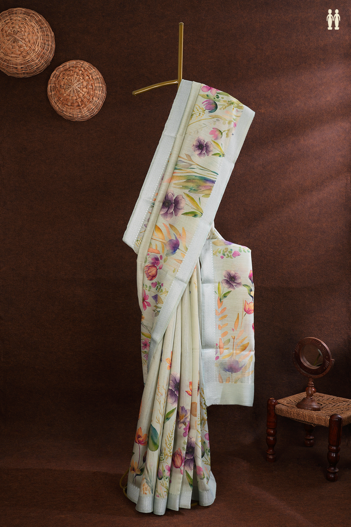 Tussar Silk Saree In Mint Green With Floral Printed Design