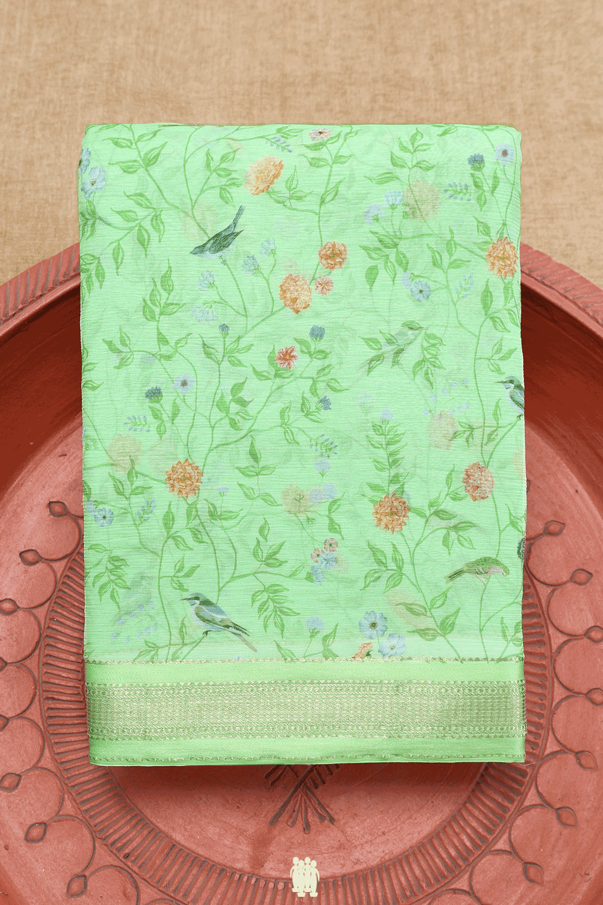 Botanical Digital Printed Pale Green Chiffon Saree