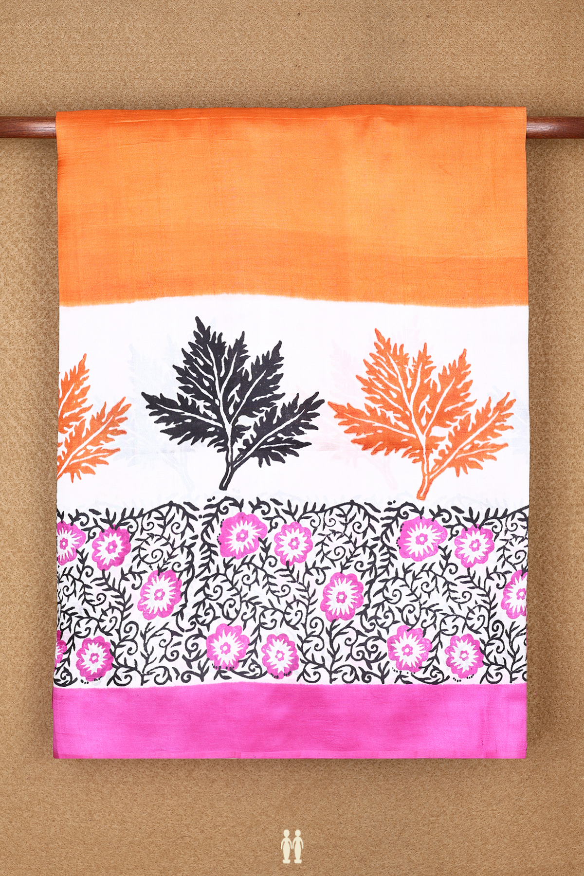 Floral Printed Border Plain Spiced Orange Tussar Silk Saree