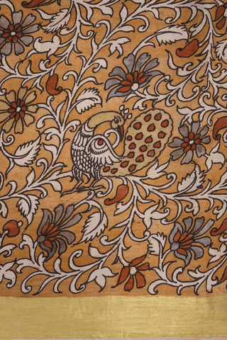 Kalamkari Hand Painted Brown Kanchipuram Silk Saree