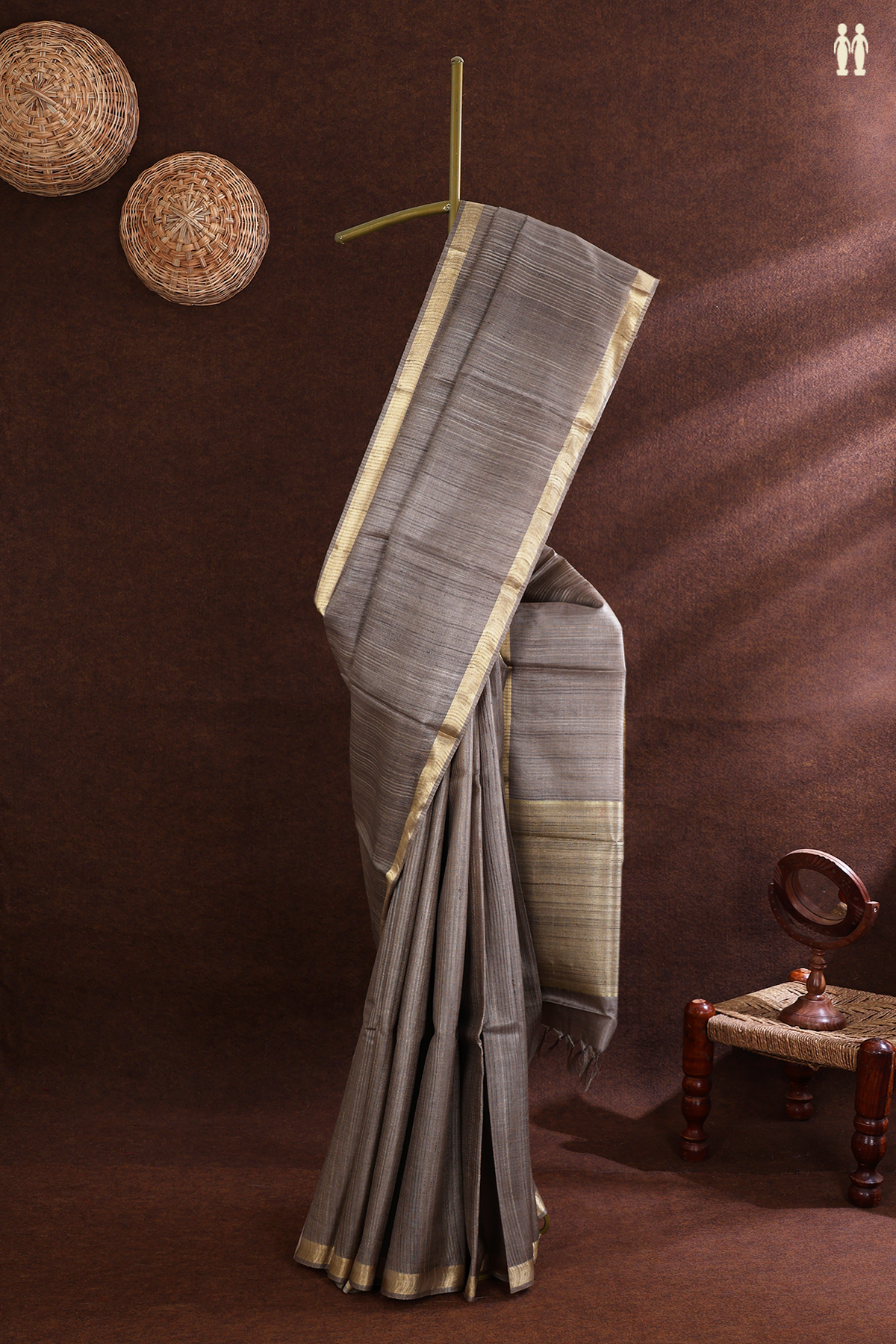 Tussar Silk Saree In Dark Khaki With Stripes Design