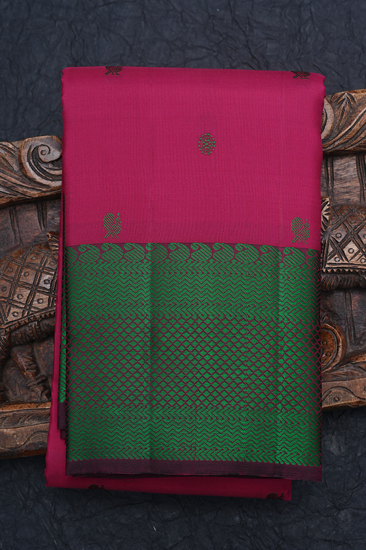 Peacock Floral Buttis Hibiscus Red Kanchipuram Silk Saree