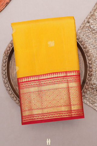 Peacock Floral Motifs Saffron Yellow Kanchipuram Silk Saree