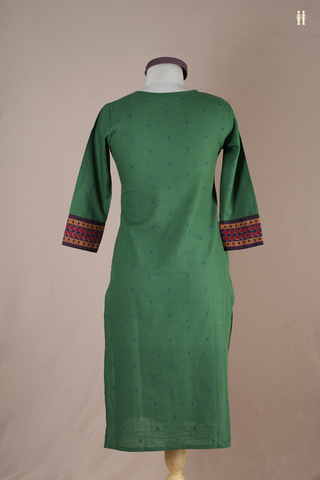 Round Neck Threadwork Buttis Green Cotton Long Kurta