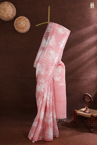 Organza Silk Saree In Blush Orange With Floral Design