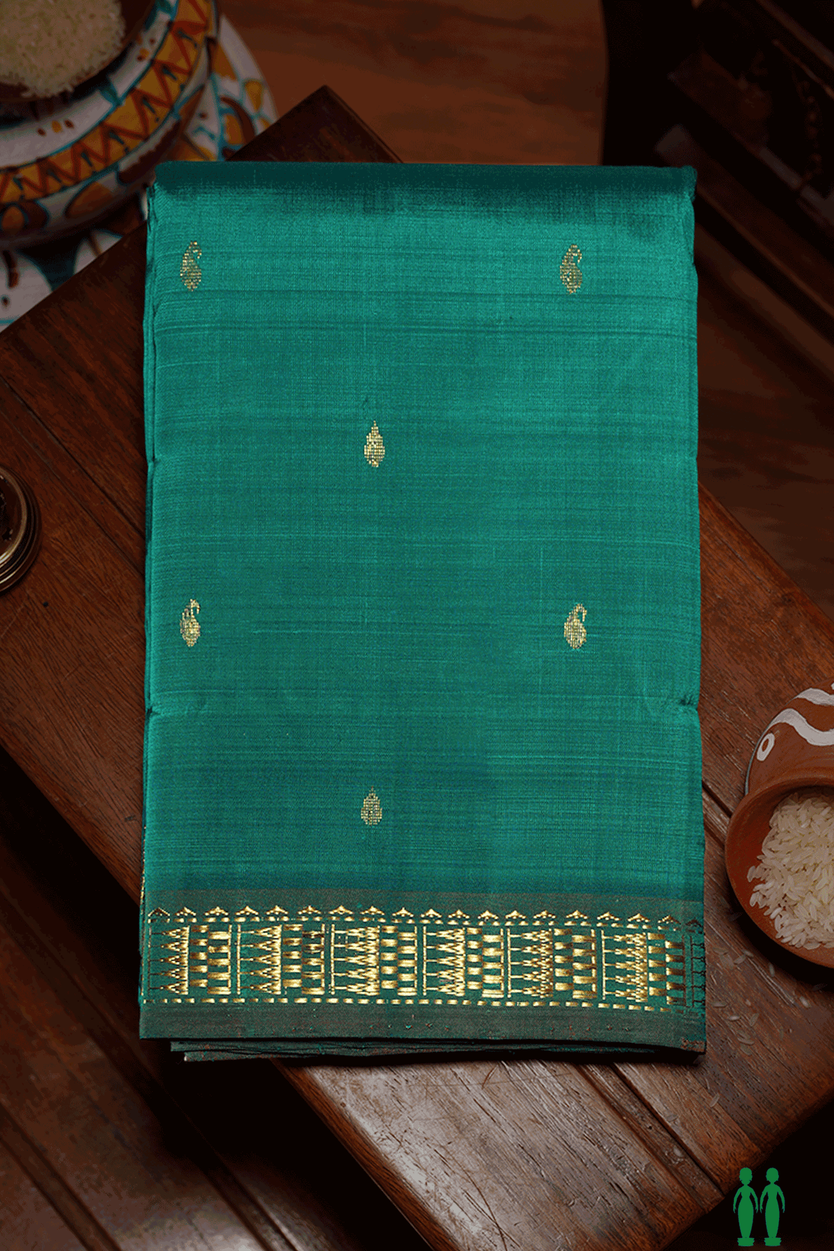 Paisley Thilagam Buttis Teal Green Kanchipuram Silk Saree