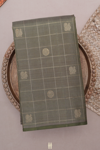 Checks With Buttas Chalet Green Kanchipuram Silk Saree