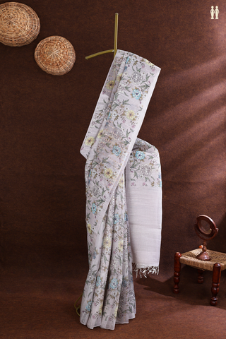 Organza Silk Saree In Light Grey With Floral Design