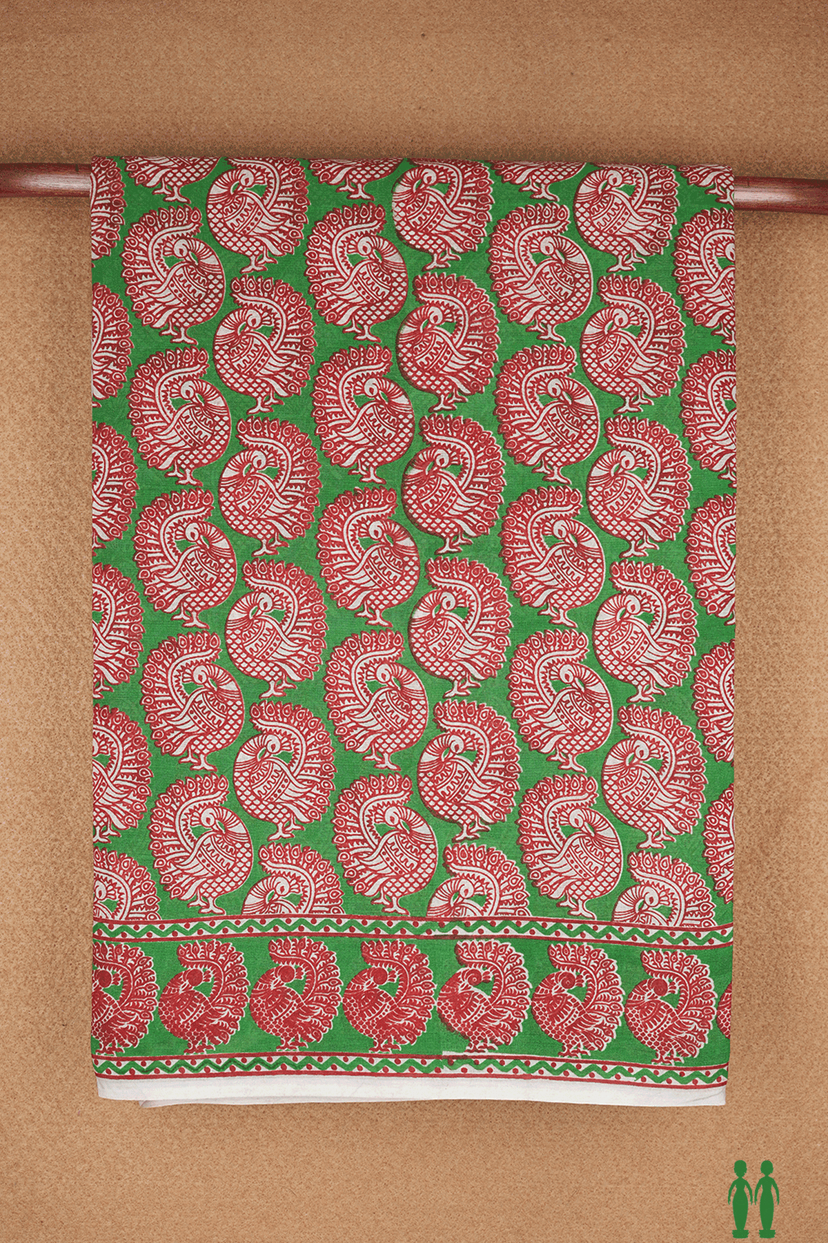 Allover Peacock Design Green Printed Kalamkari Cotton Saree