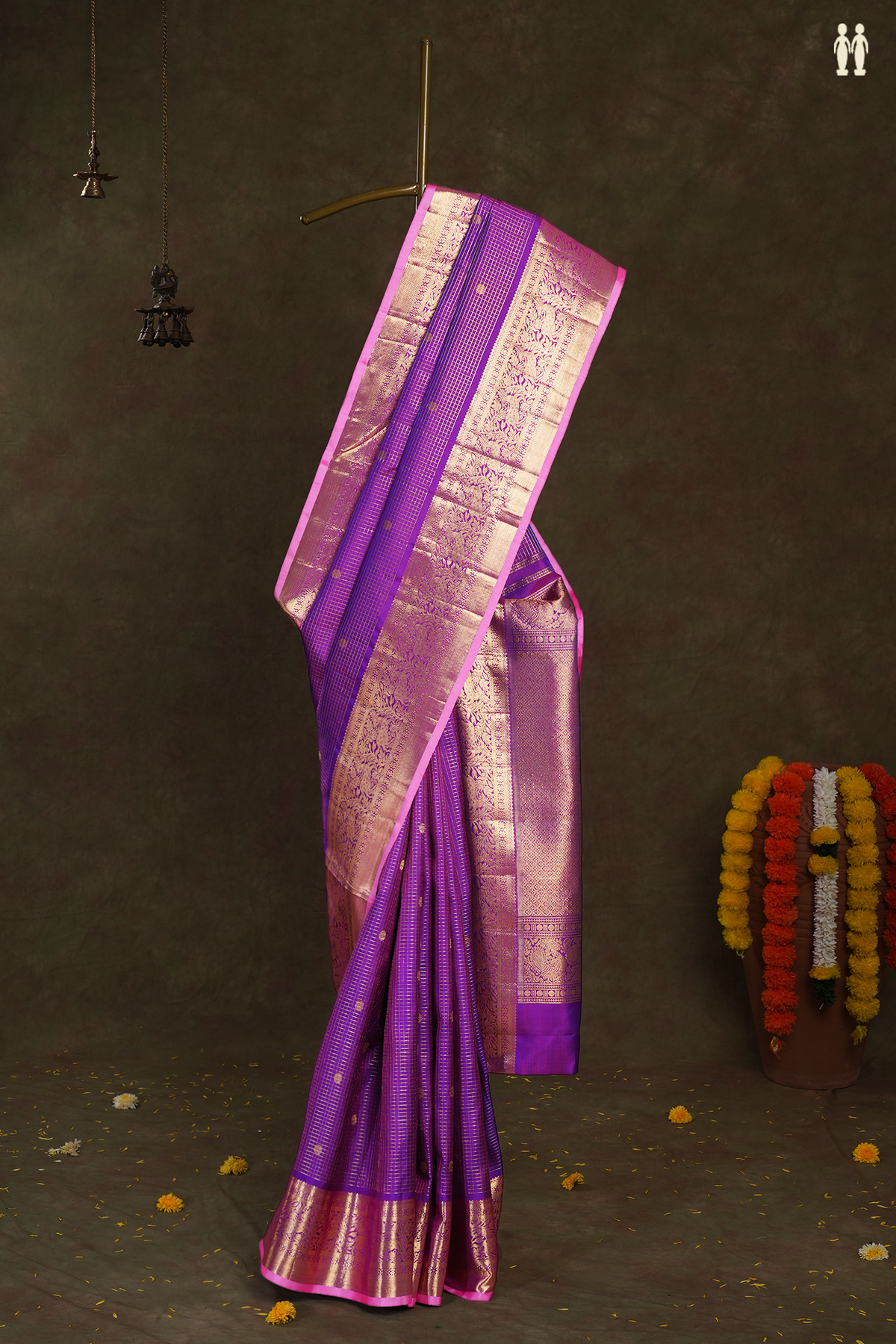 Checks With Buttas Purple Rose Kanchipuram Silk Saree