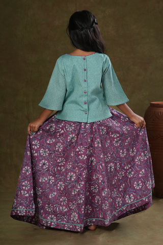 Floral Design Green And Purple Jaipur Cotton Top And Skirt Set