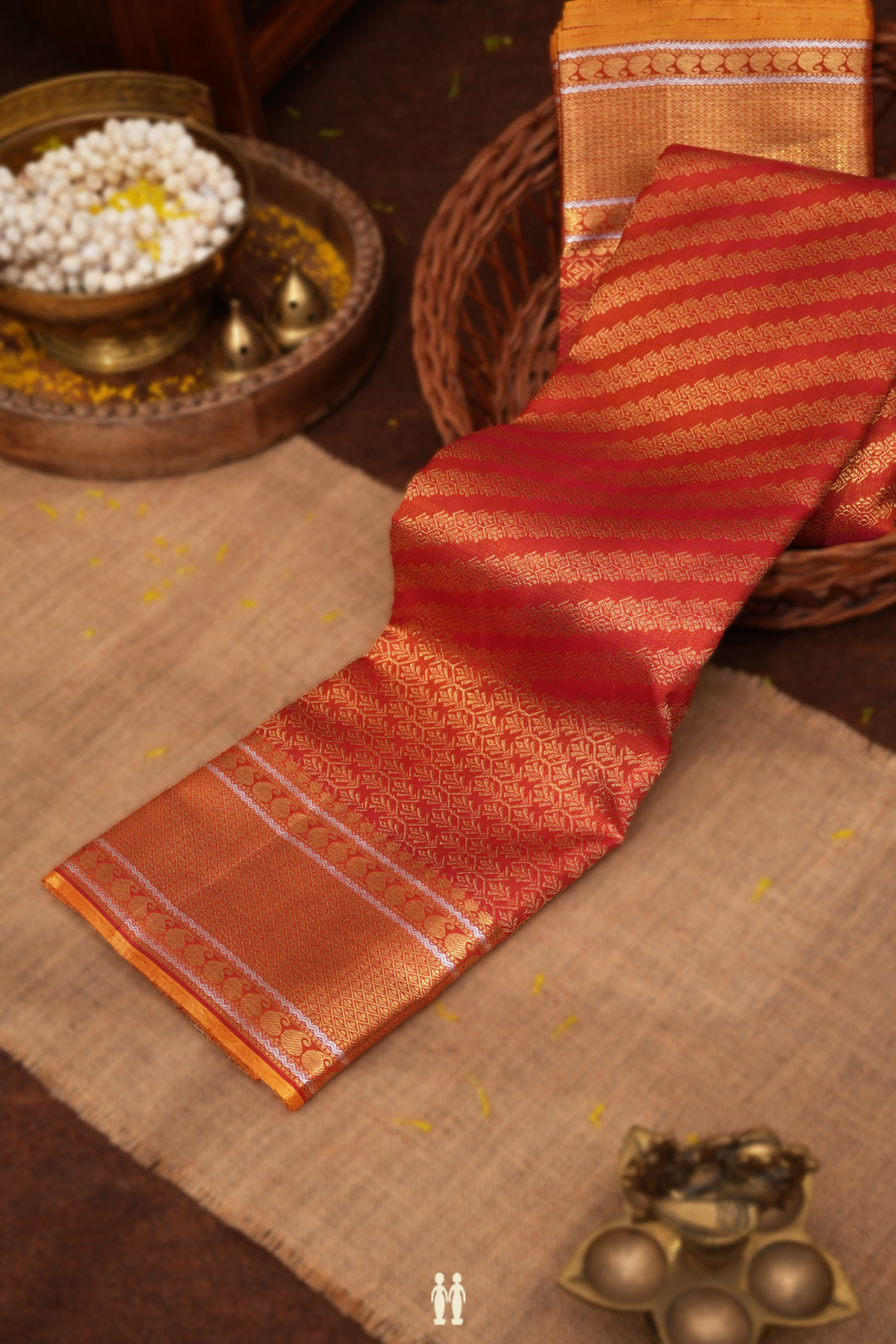 Kanchipuram Silk Saree In Copper Orange With Diagonal Design