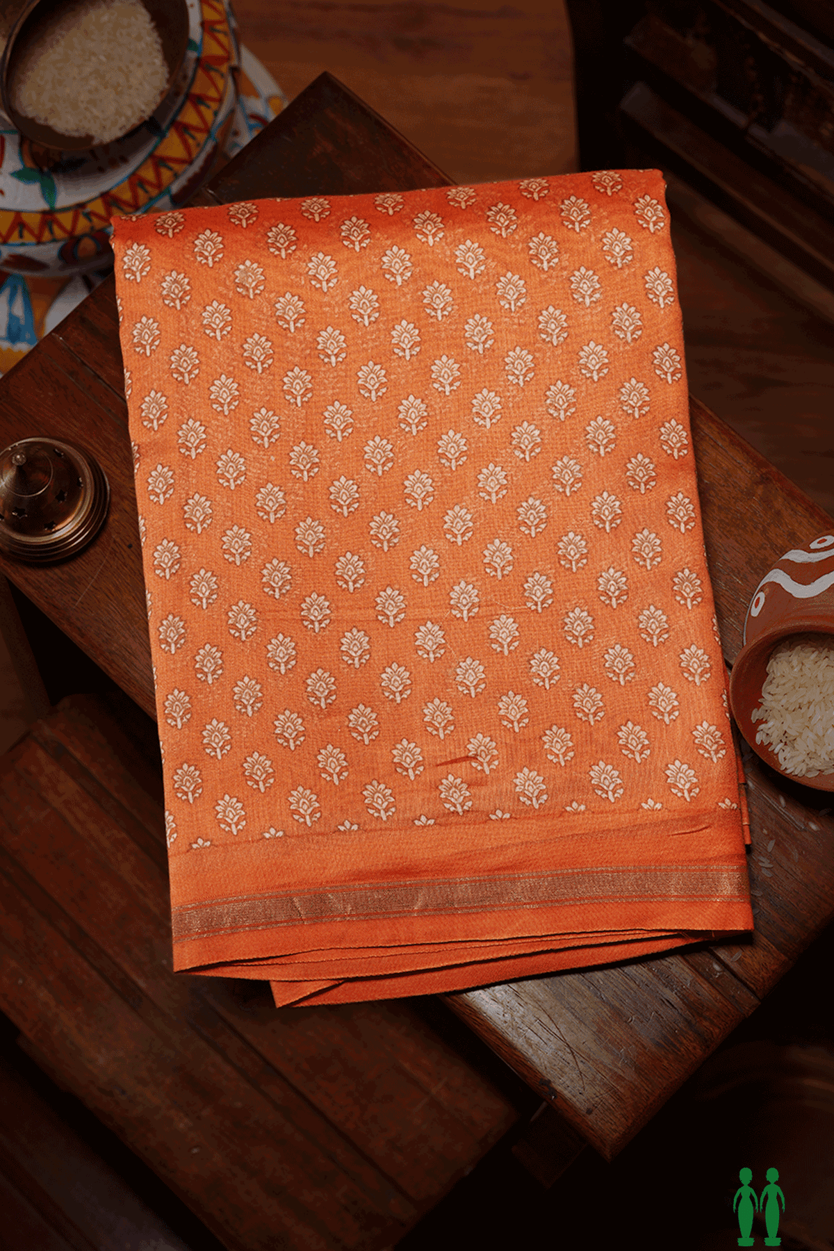 Floral Printed Design Spiced Orange Chanderi Cotton Saree