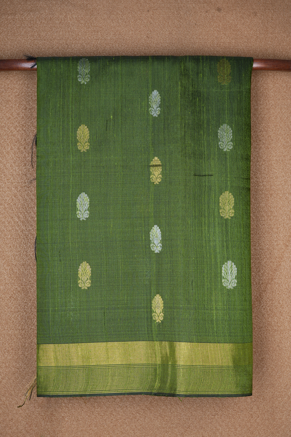 Zari Buttas Fern Green Jute Saree