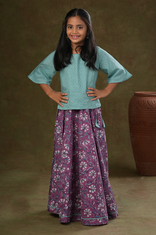 Floral Design Green And Purple Jaipur Cotton Top And Skirt Set