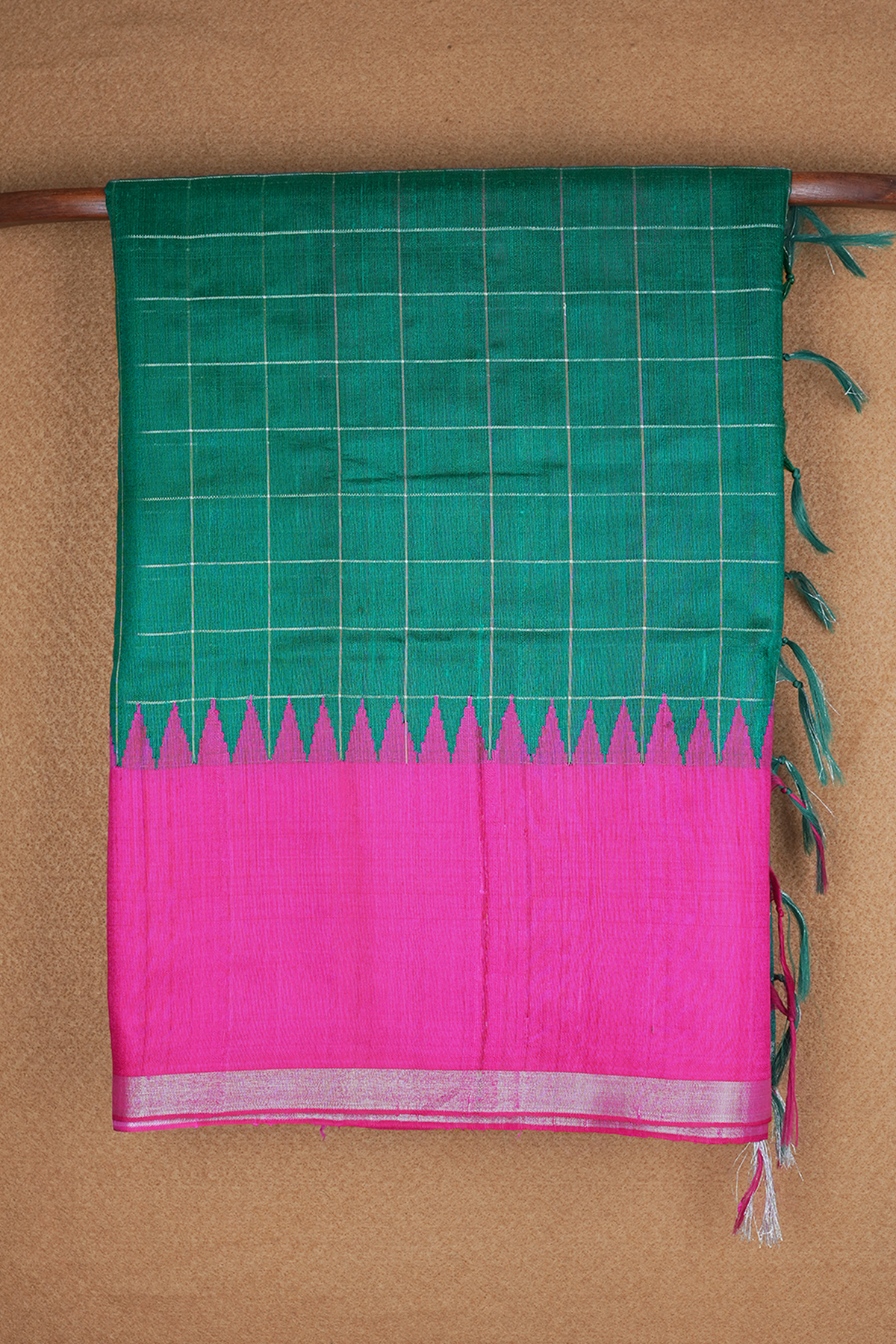 Allover Checks Design Teal Green Jute Saree