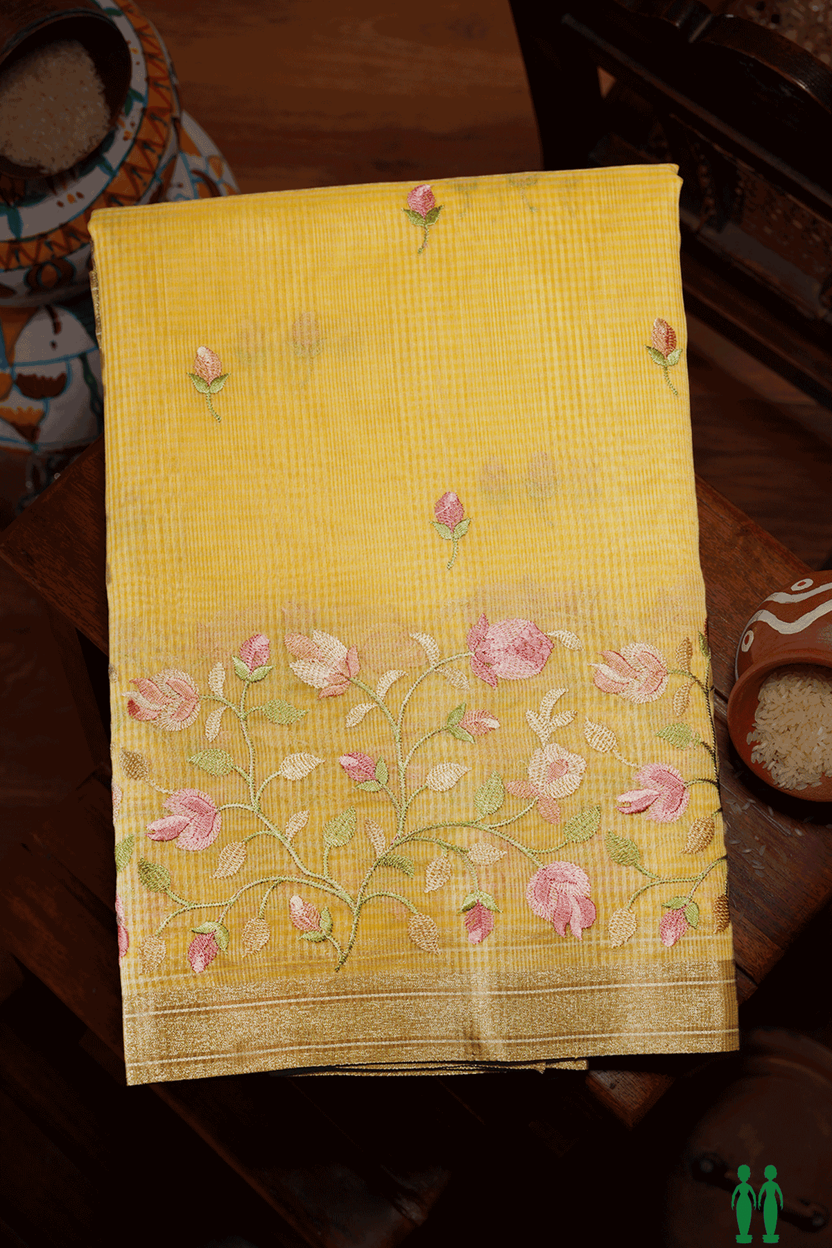 Floral Embroidered Buttas Yellow Kota Cotton Saree