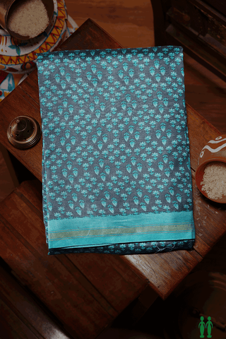 Allover Floral Printed Charcoal Grey Chanderi Cotton Saree