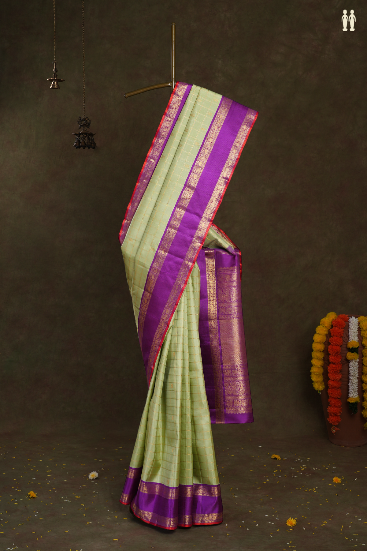 Checks With Buttas Cream Green Kanchipuram Silk Saree