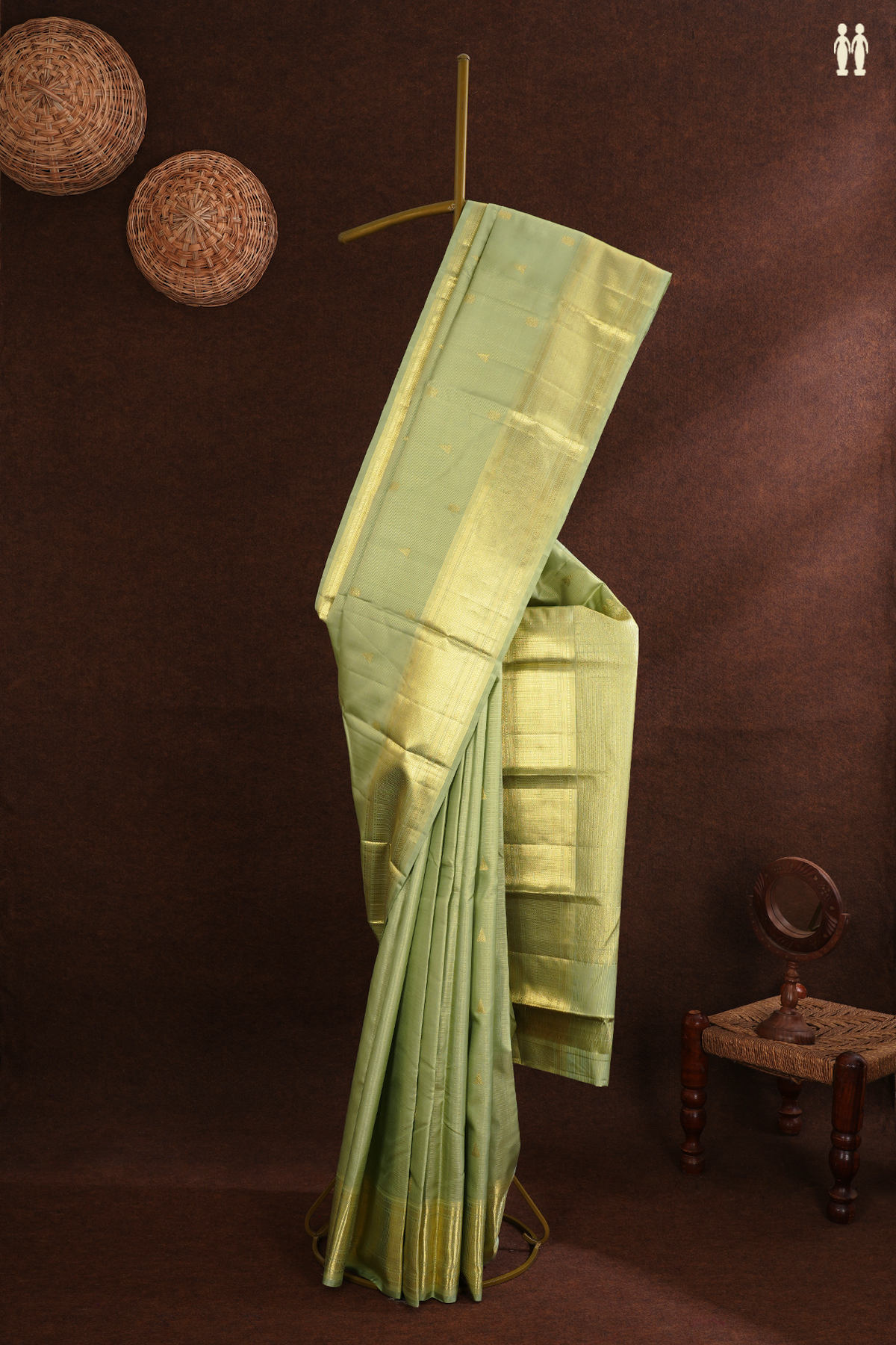 Kanchipuram Silk Saree In Cream Green Stripes With Buttas