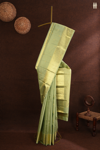 Kanchipuram Silk Saree In Cream Green Stripes With Buttas