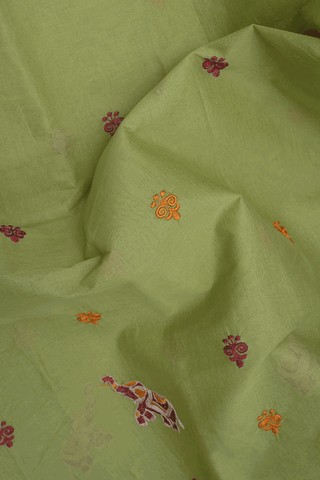 Elephant Embroidered Design Green Ahmedabad Cotton Saree