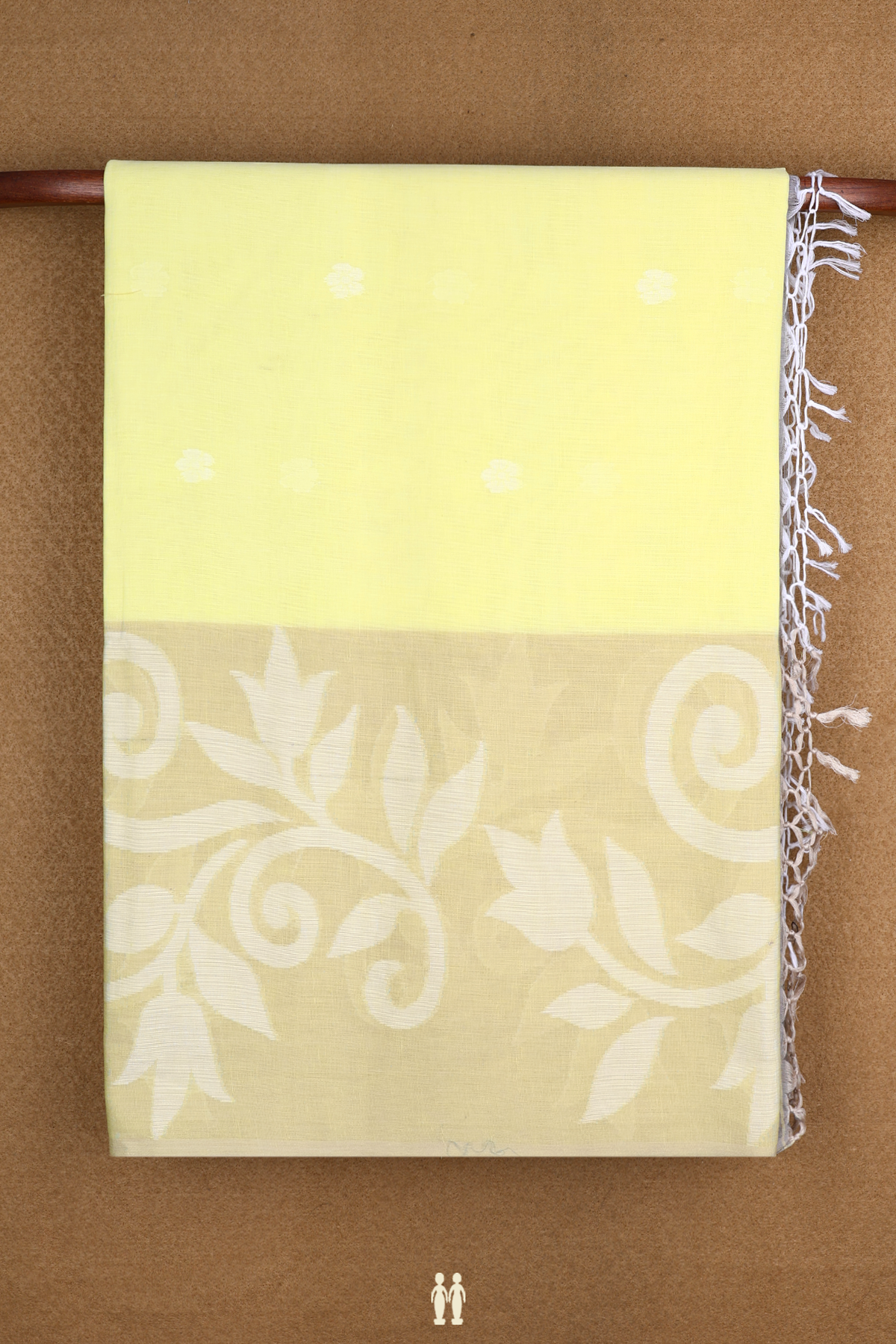 Floral Threadwork Motifs Pale Yellow Bengal Cotton Saree