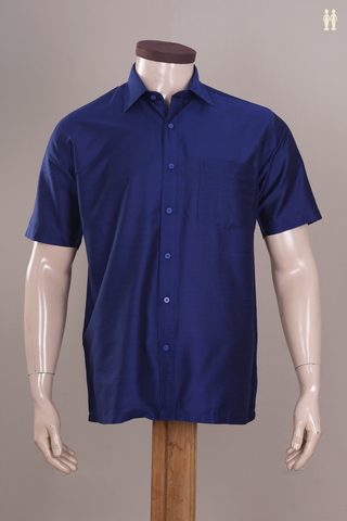 Regular Collar Plain Royal Blue Raw Silk Shirt