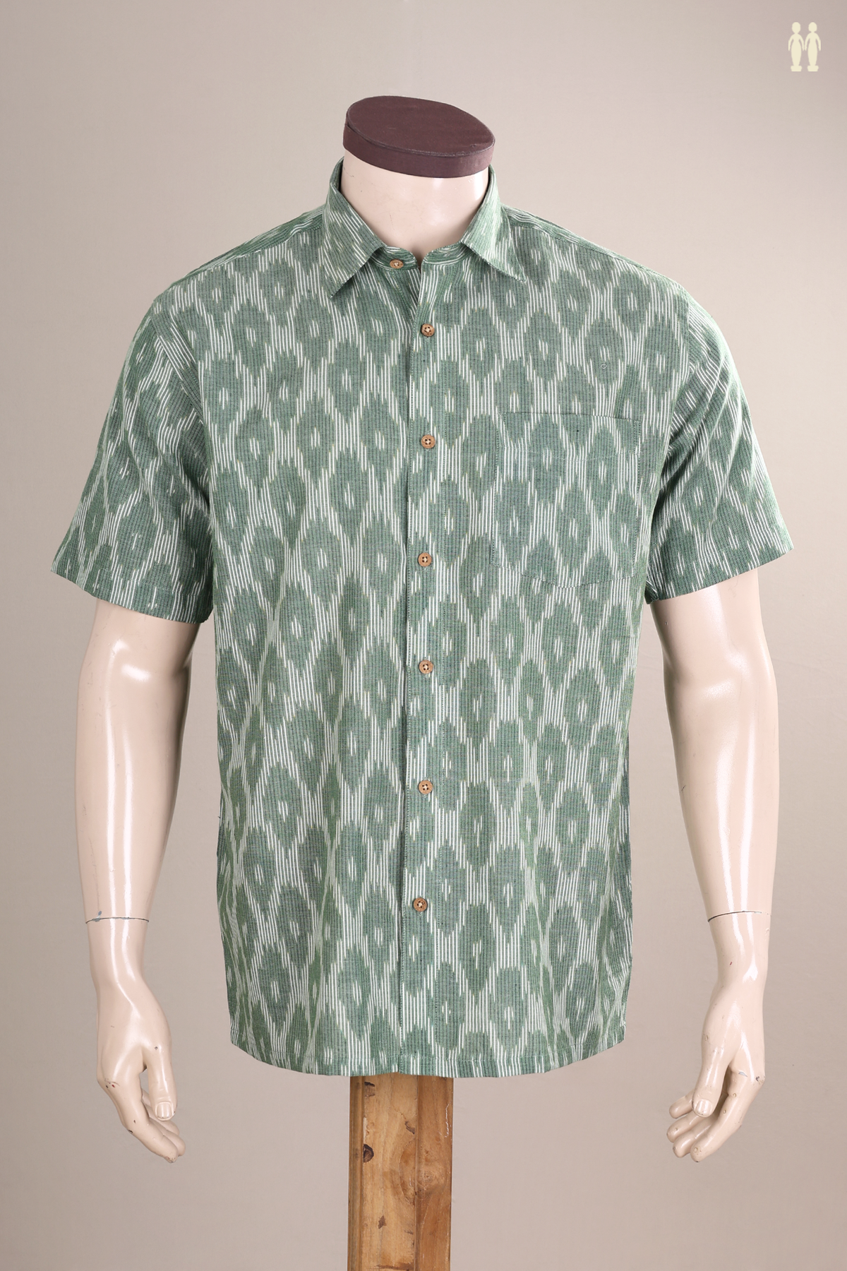 Regular Collar Ikat Design Sage Green Cotton Shirt