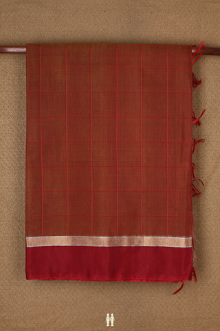 Allover Checked Design Brick Brown Kora Silk Cotton Saree