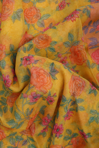 Floral Digital Printed Yellow Chiffon Saree