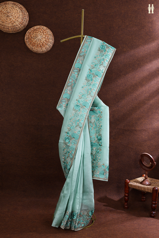 Organza Silk Saree In Mint Green With Embroidered Border