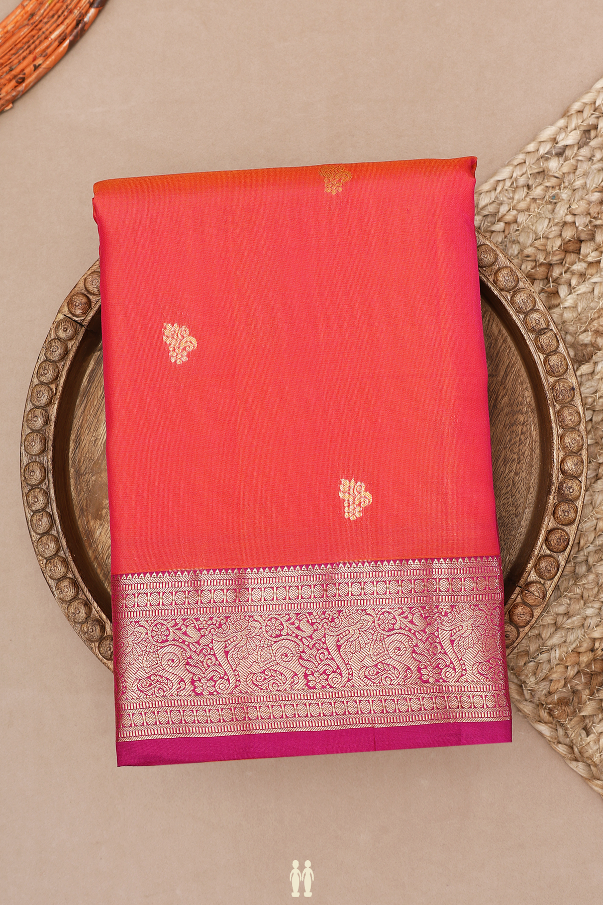 Floral Zari Buttas Coral Pink Kanchipuram Silk Saree