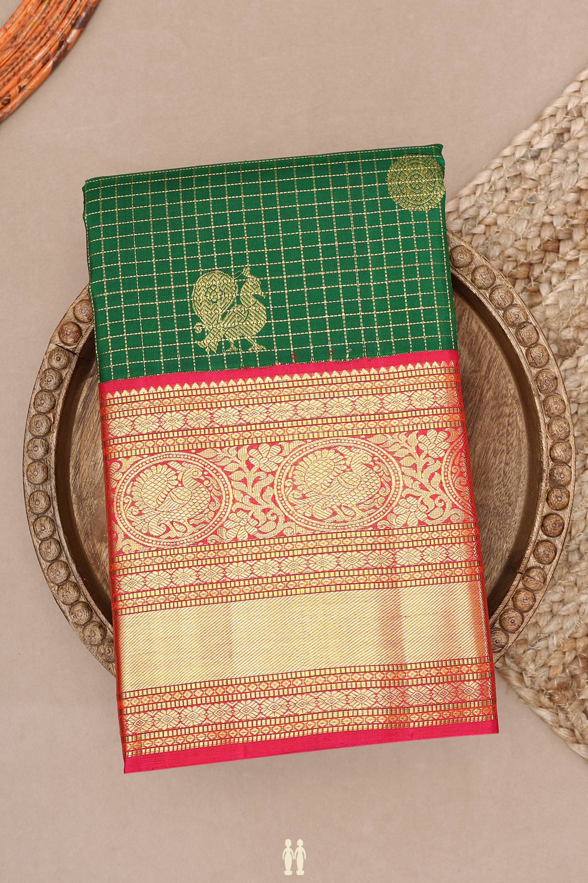 Checks With Buttas Emerald Green Kanchipuram Silk Saree