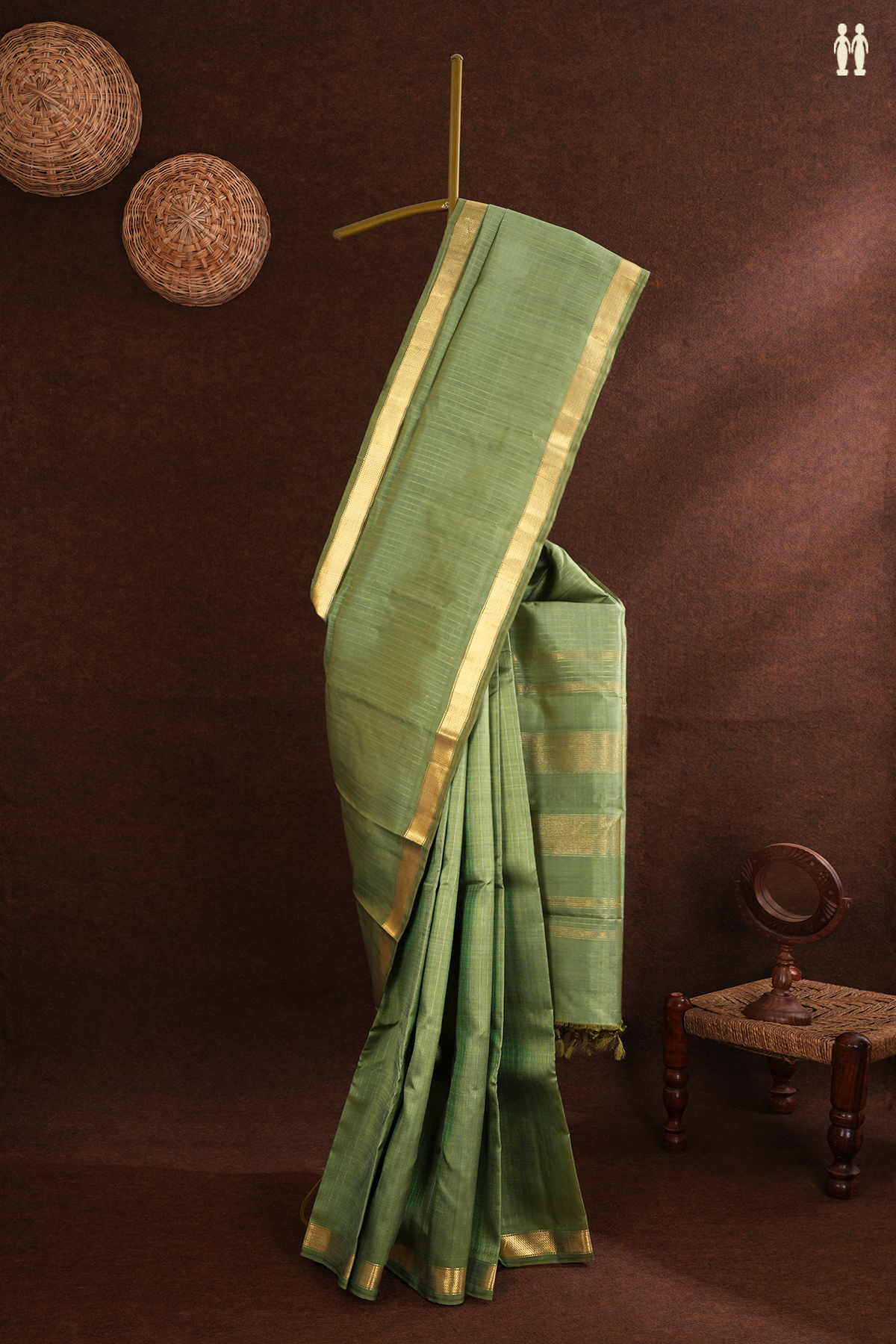 Kanchipuram Silk Saree In Sage Green With Zari Stripe Design