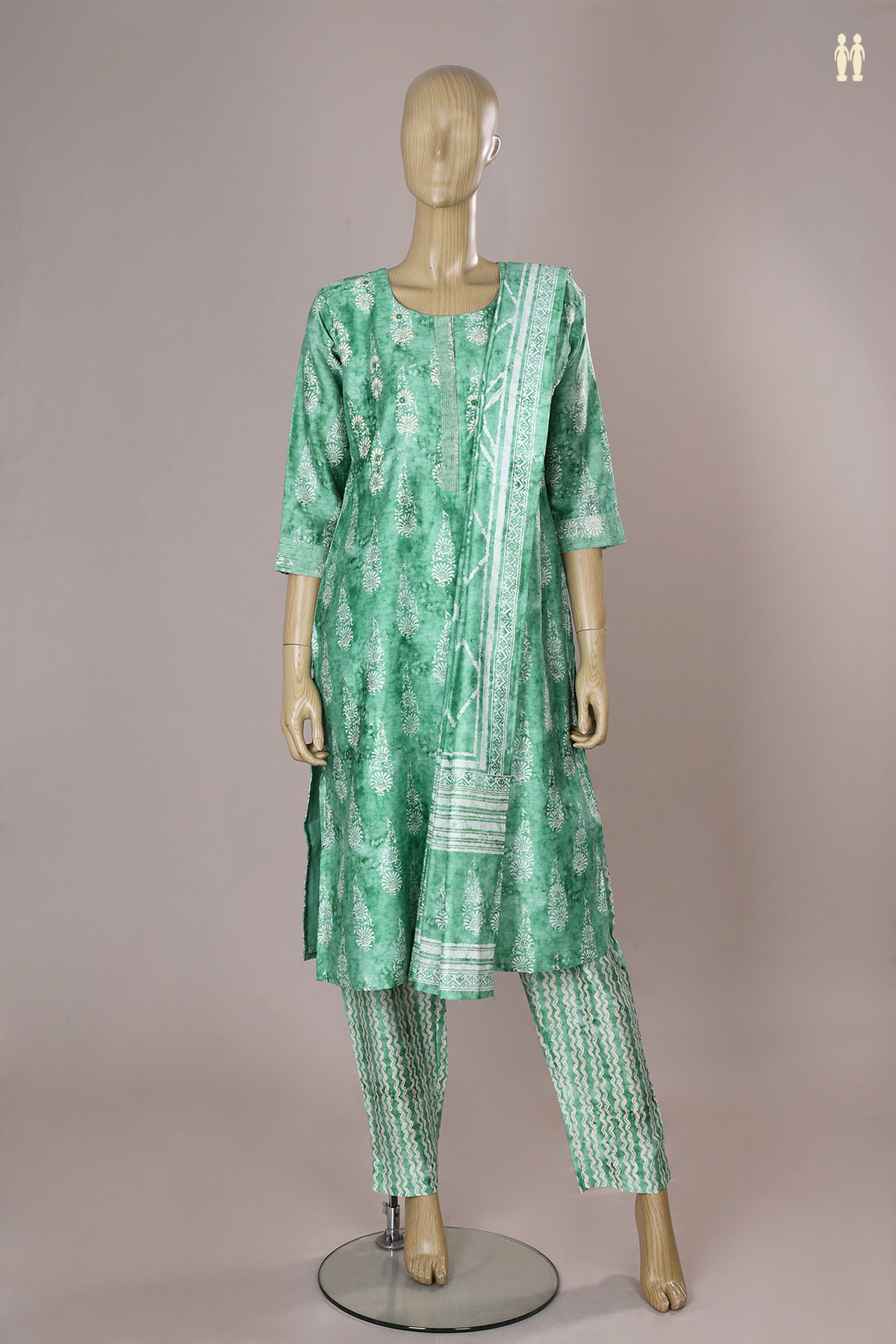 Round Neck Floral Design Sea Green Chanderi Cotton Salwar Set