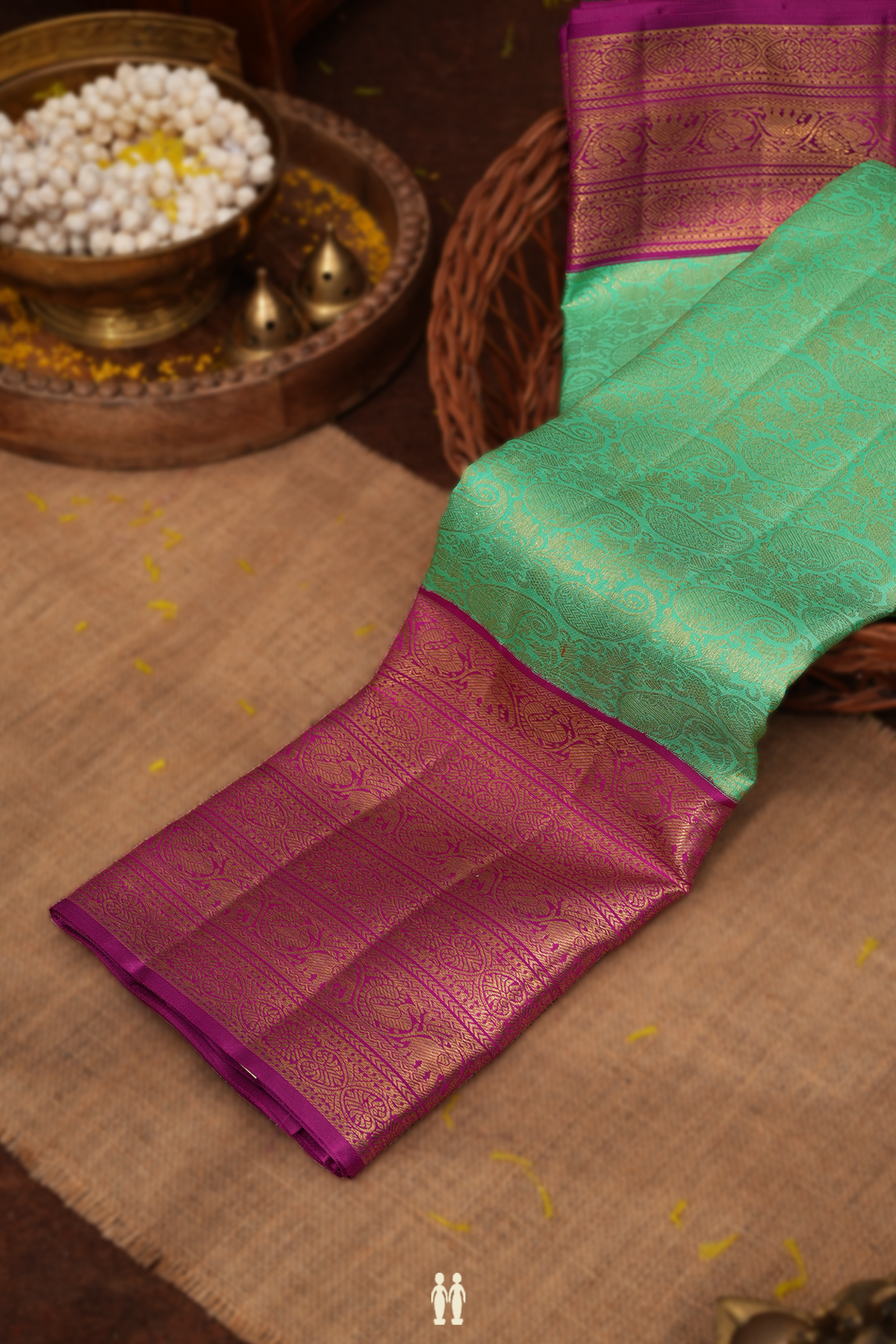 Kanchipuram Silk Saree In Sea Green With Paisley Design