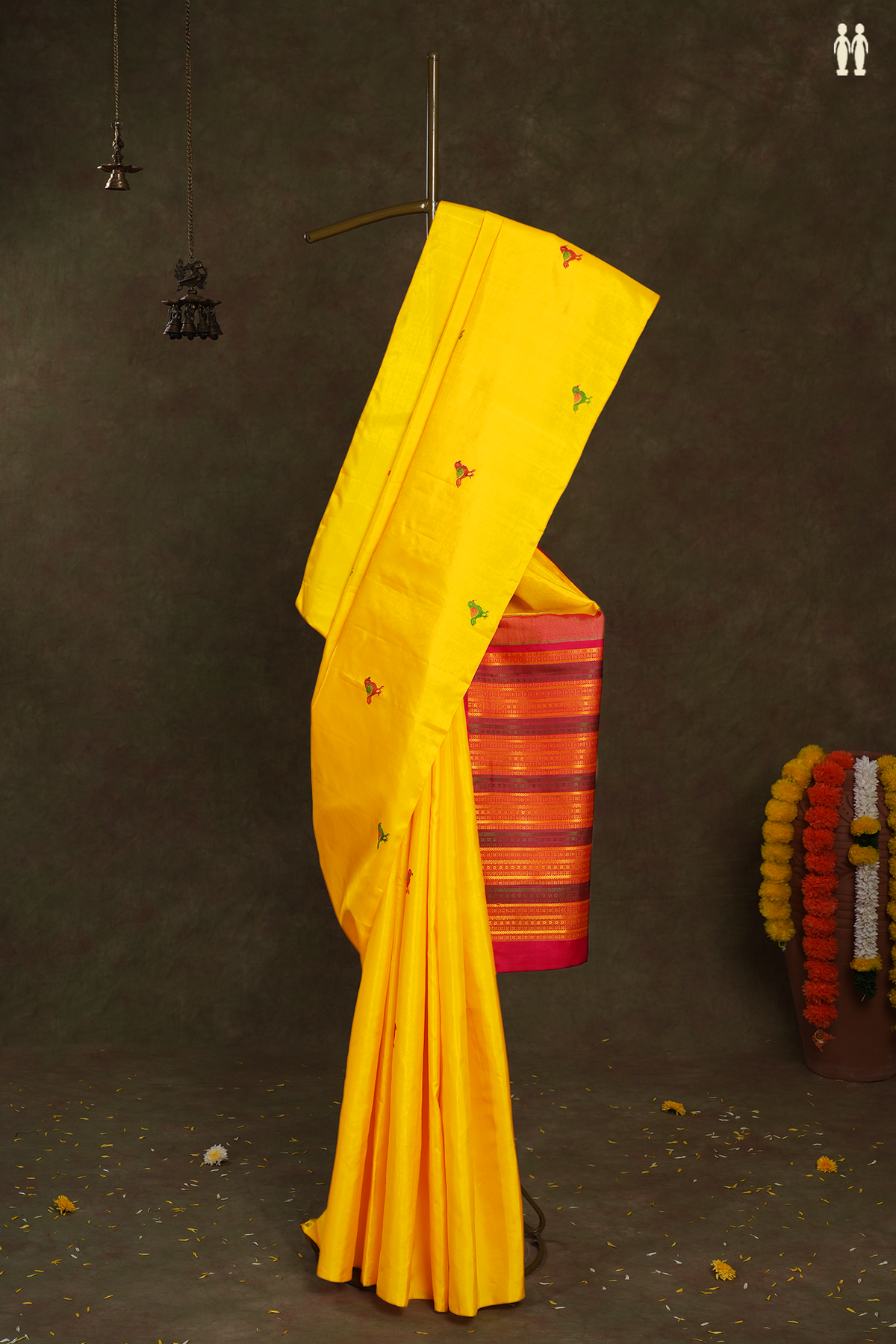 Birds Threadwork Motifs Honey Yellow Kanchipuram Silk Saree