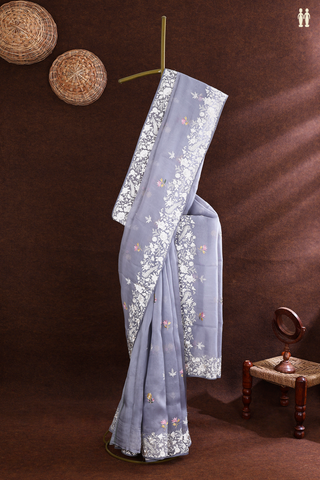 Organza Silk Saree In Steel Grey With Embroidered Motifs