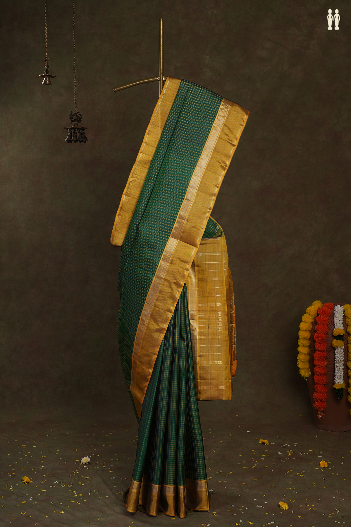 Threadwork Checks Design Forest Green Kanchipuram Silk Saree