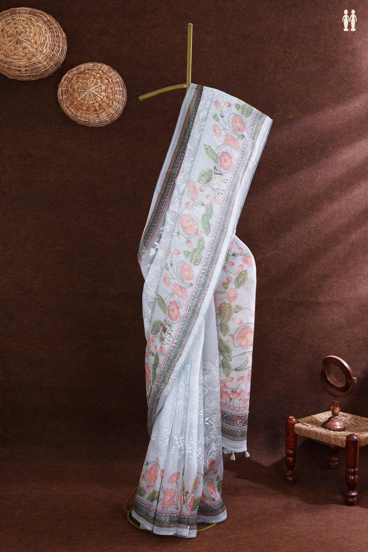 Organza Silk Saree In Cream Blue With Embroidered Design