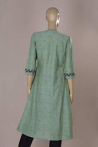 Chinese Neck Threadwork Buttis Green Cotton Long Kurta