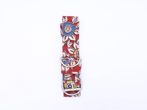 Cherry Red Kalamkari Cotton Dog Collar With Rope Set