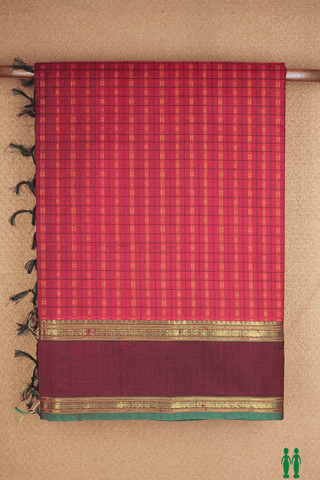 Checks With Buttis Ruby Red Traditional Silk Cotton Saree