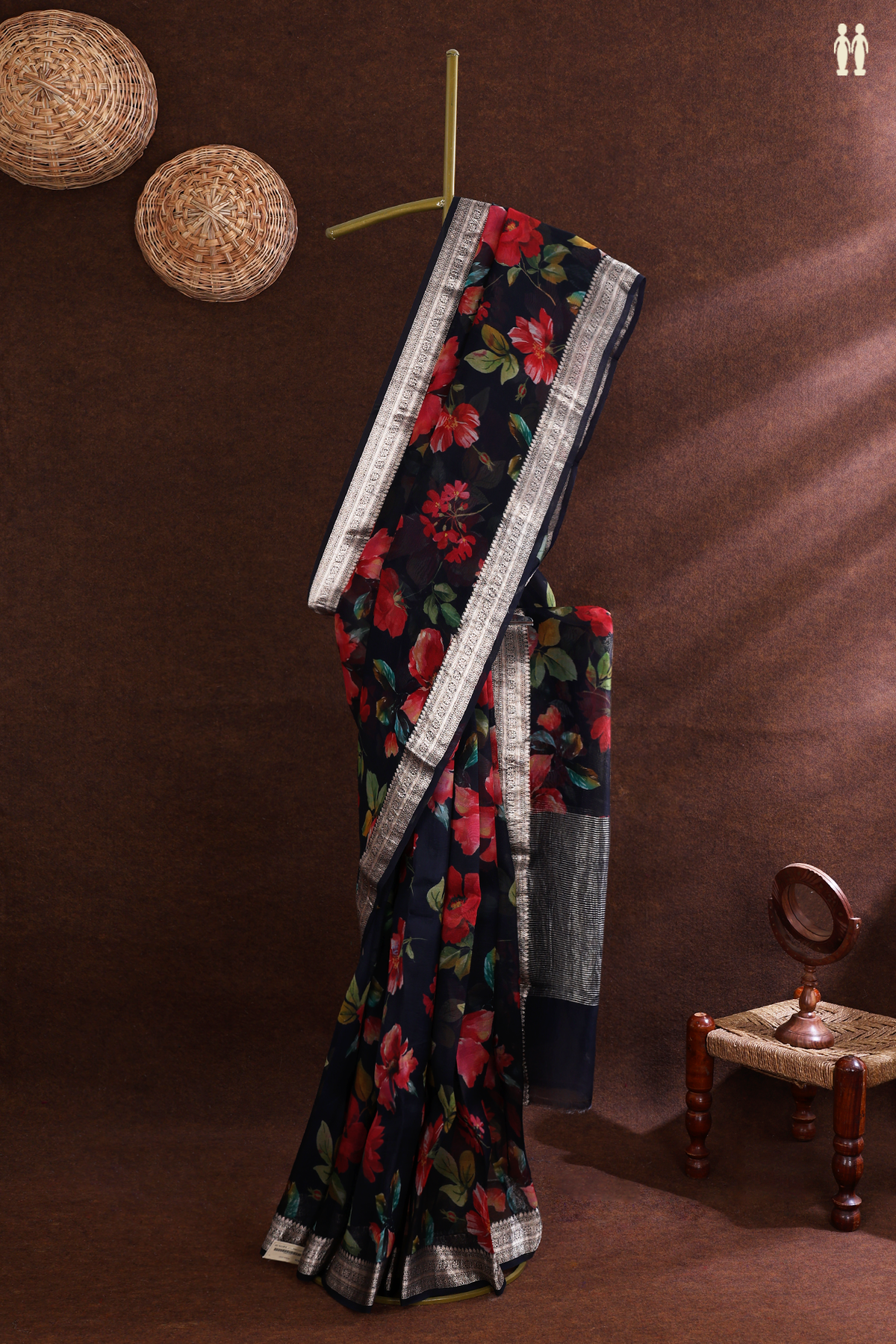 Floral Digital Printed Black Organza Silk Saree