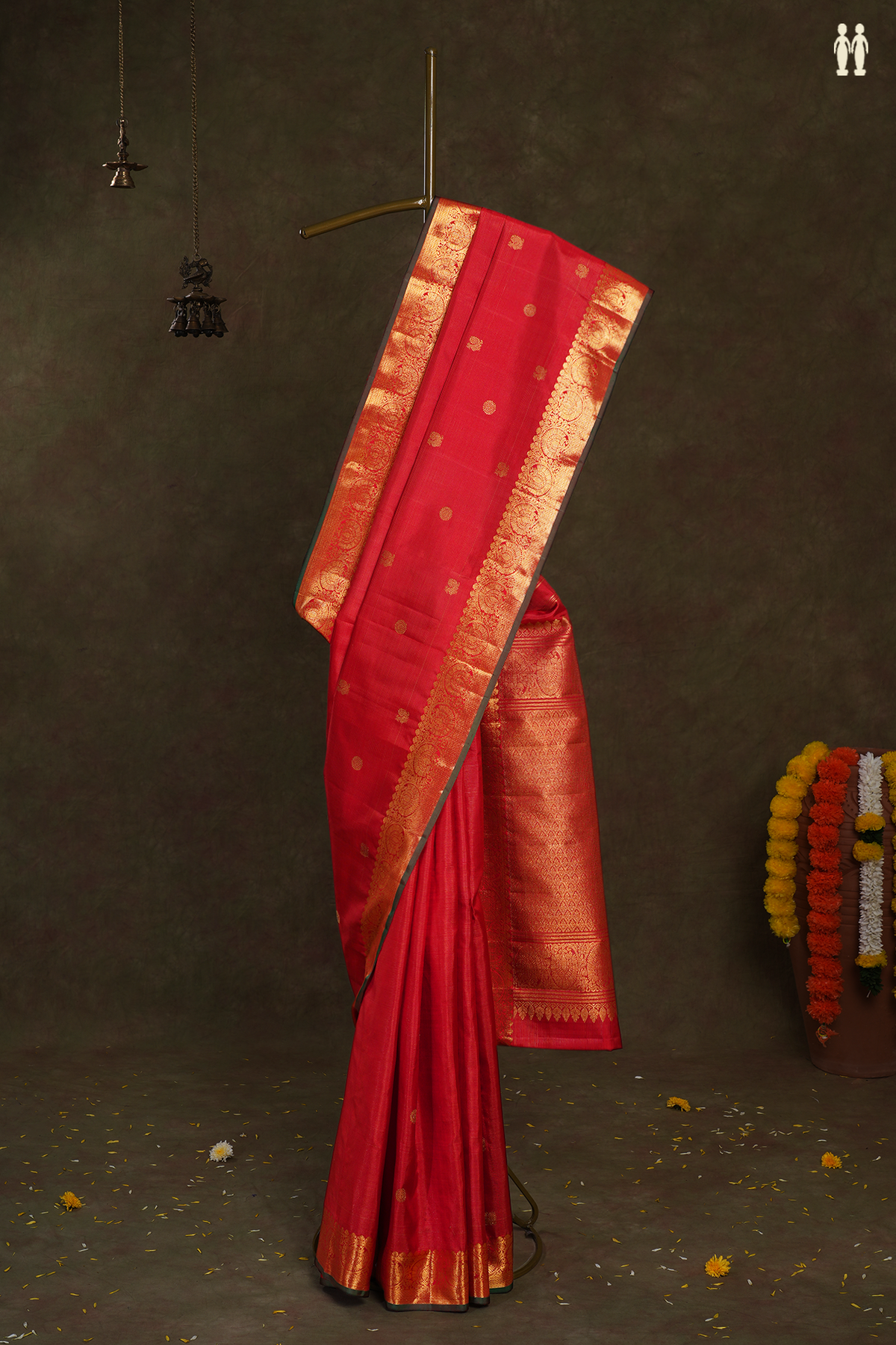 Stripes With Buttas Scarlet Red Kanchipuram Silk Saree