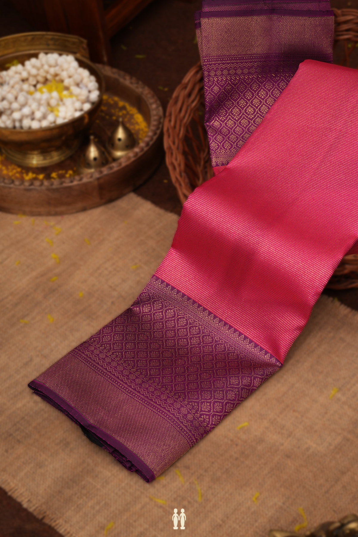 Kanchipuram Silk Saree In Rani Pink With Stripes Design